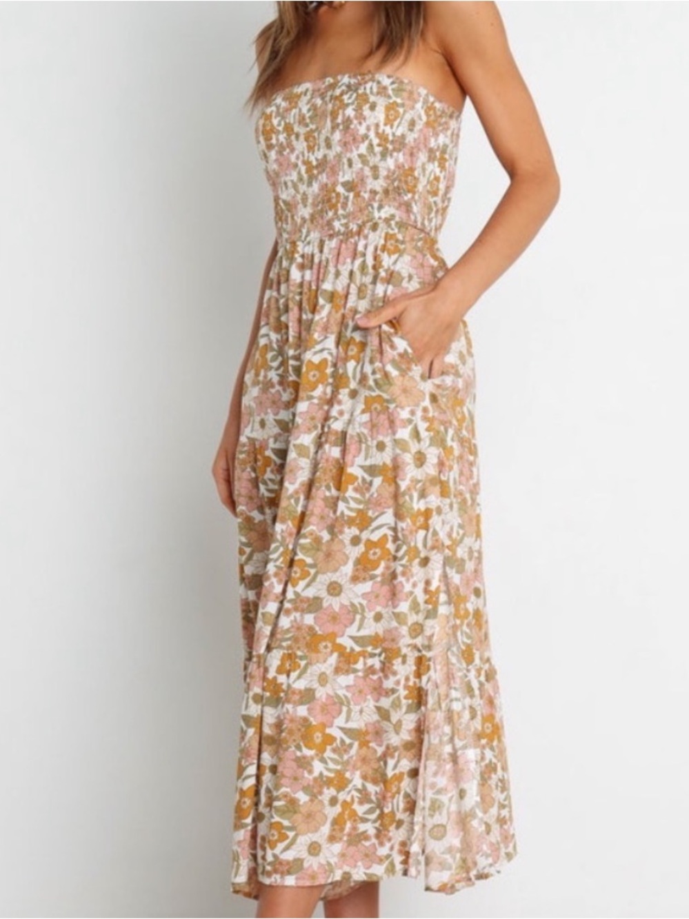 Petal & Pup Vivienne Floral Strapless Smocked Midi Dress in US 0 - Picture 3 of 6
